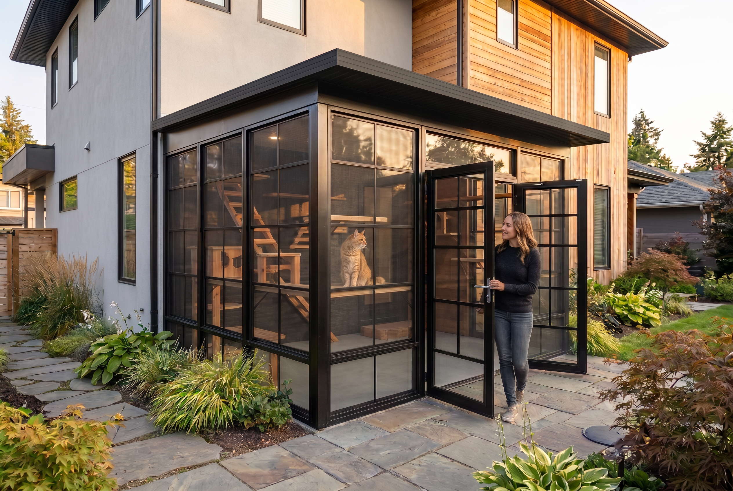 Walk-in aluminum and glass catio attached to a suburban home at golden hour