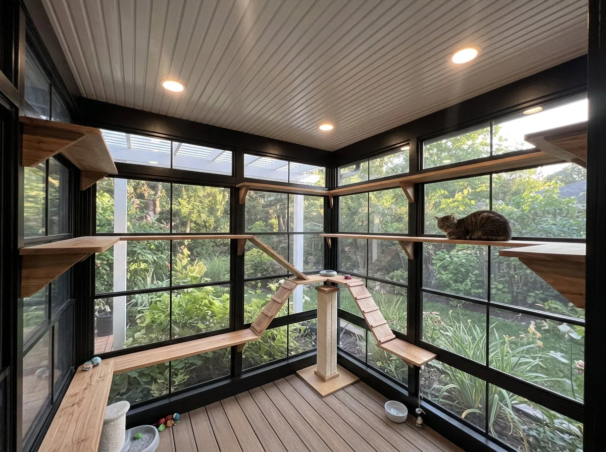Interior of a walk-in catio with wall-mounted cedar perches, ramps, a climbing post and full-height screened windows