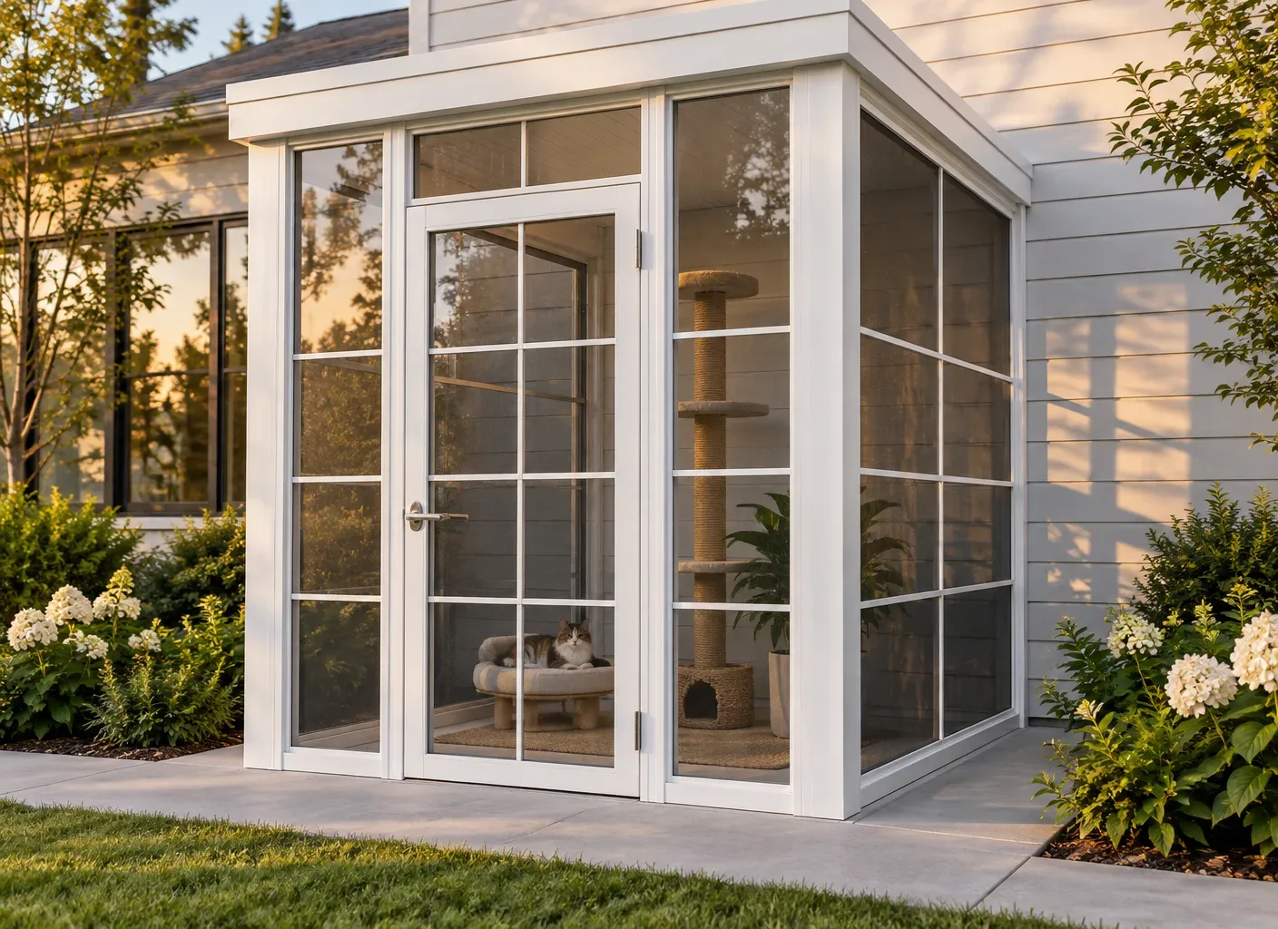 White Alumawood walk-in catio attached to a house wall, with a single cabana door, four stacking vinyl panels per window, Tuffscreen pet screening, a solid insulated roof and one climbing post