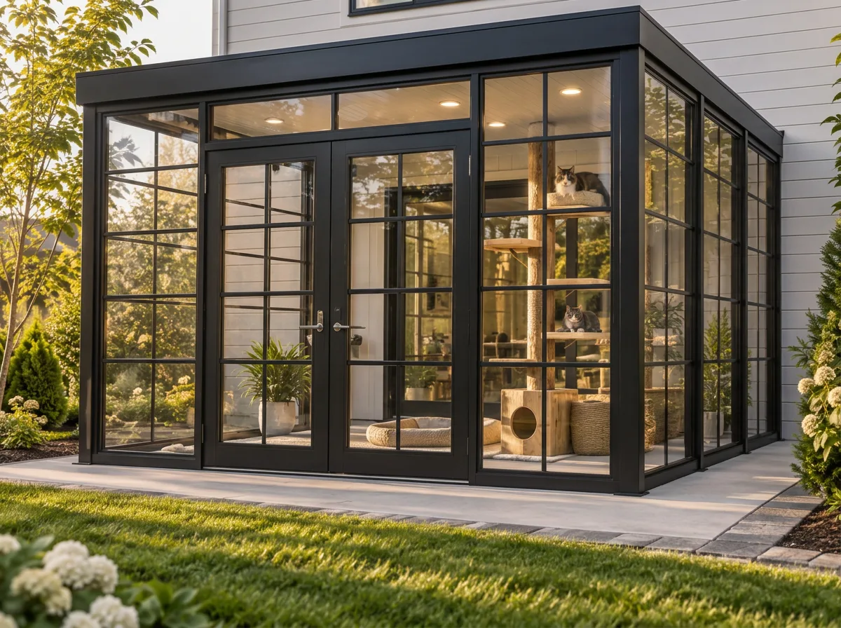 Ebony Alumawood walk-in catio attached to a house door, with full-height vinyl-glazed Tuffscreen panels, double French doors, a solid insulated roof, four evenly spaced bay lights and two climbing posts