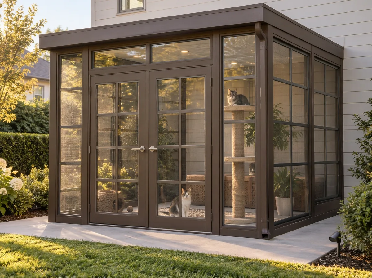 Spanish Brown Alumawood walk-in catio attached to a house door, with four stacking vinyl panels per window over Tuffscreen, a solid insulated roof and two bay lights